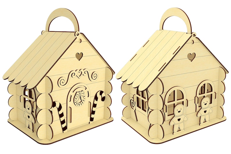two wooden houses, each with a unique design and decorations, including a clock and candy canes.