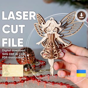 Fairy Ornament with Butterfly Wings – Laser Cut File for Christmas Tree Decor – Svg, Dxf, Cdr, Ai Digital Download