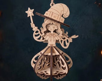 Fairytale Witch Ornament Laser Cut File, 3D Wooden Halloween Decoration SVG
