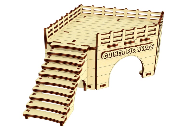 May include: Wooden guinea pig house with a ramp and a platform. The house has a rounded archway entrance and the words "Guinea Pig House" are printed on the front.