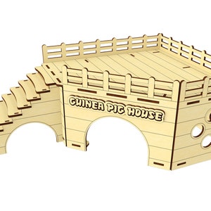 May include: Wooden guinea pig house with a ramp, a platform, and a tunnel entrance. The house has a sign that says "Guinea Pig House".