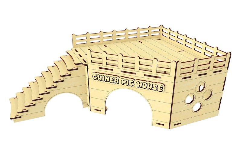 May include: Wooden guinea pig house with a ramp, a platform, and a tunnel entrance. The house has a sign that says "Guinea Pig House".