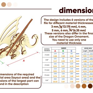 Dimensions chart infographic for laser cut plywood Zephyrtail dragon ornament showing exact sizes across 6 material options.
