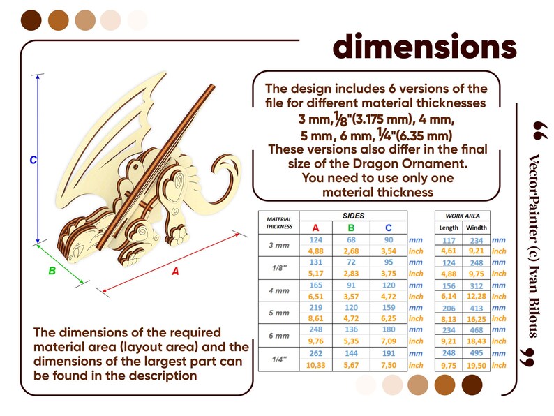 Dimensions chart infographic for laser cut plywood Zephyrtail dragon ornament showing exact sizes across 6 material options.