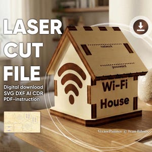 Wi-Fi House SVG: Placa de código QR cortada a laser (download digital)