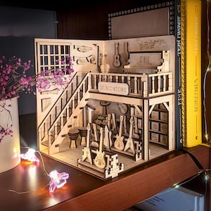 Music Store Book Nook – plik wycinany laserowo, szablon SVG do projektu dioramy DIY