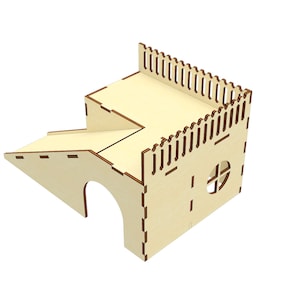 May include: A wooden playhouse for small animals, featuring a ramp, a tunnel, and a platform with a fence. The playhouse is made of natural wood and has a light brown color.