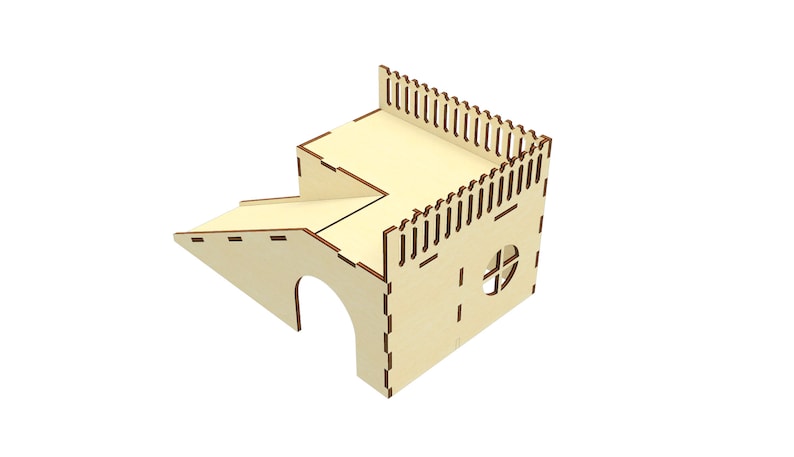 May include: A wooden playhouse for small animals, featuring a ramp, a tunnel, and a platform with a fence. The playhouse is made of natural wood and has a light brown color.