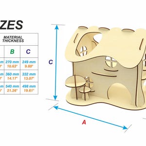 The image is a 3D model of a wooden house, with dimensions and material thicknesses provided.