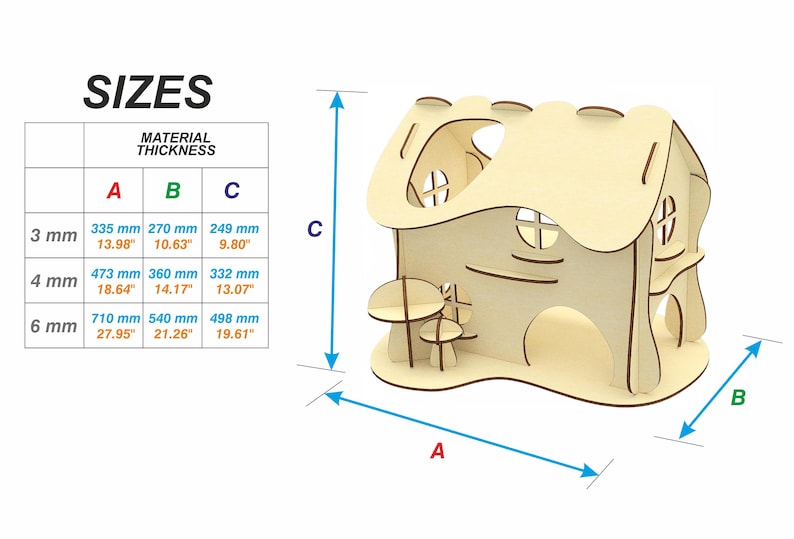 The image is a 3D model of a wooden house, with dimensions and material thicknesses provided.