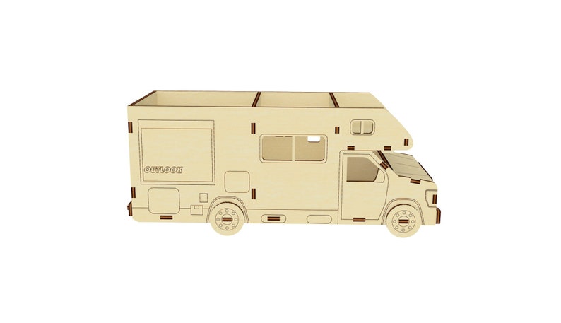 May include: A wooden model of a camper van with the word "OUTDOOR" printed on the side. The model is made of light brown wood and has brown lines for detail. The camper van has a pop-up roof and a window on the side.