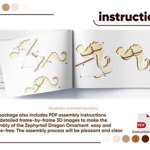 Step-by-step PDF assembly instruction infographic showing 3D diagram pages for building laser cut plywood dragon ornament.