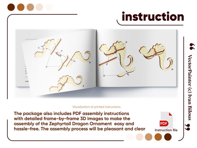 Step-by-step PDF assembly instruction infographic showing 3D diagram pages for building laser cut plywood dragon ornament.