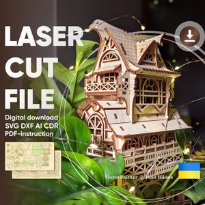 Maison de nain de jardin sur piquets - fichier découpé au laser, modèle SVG pour machines de découpe