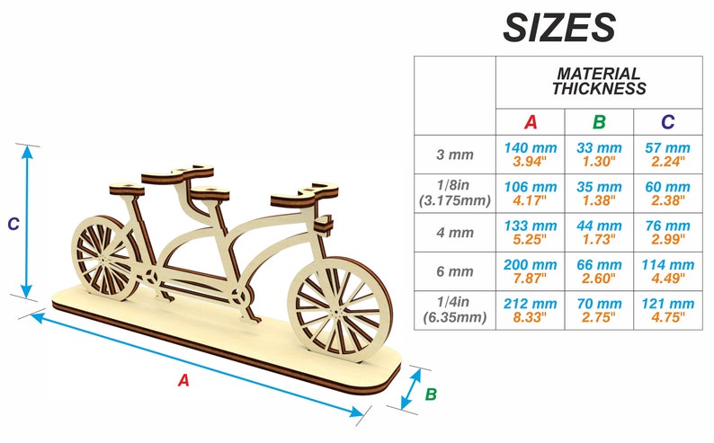 May include: Tan wooden tandem bicycle model with black wheels. The model is on a base with measurements labeled A, B, and C. A chart shows the dimensions of the model in millimeters and inches for different material thicknesses.