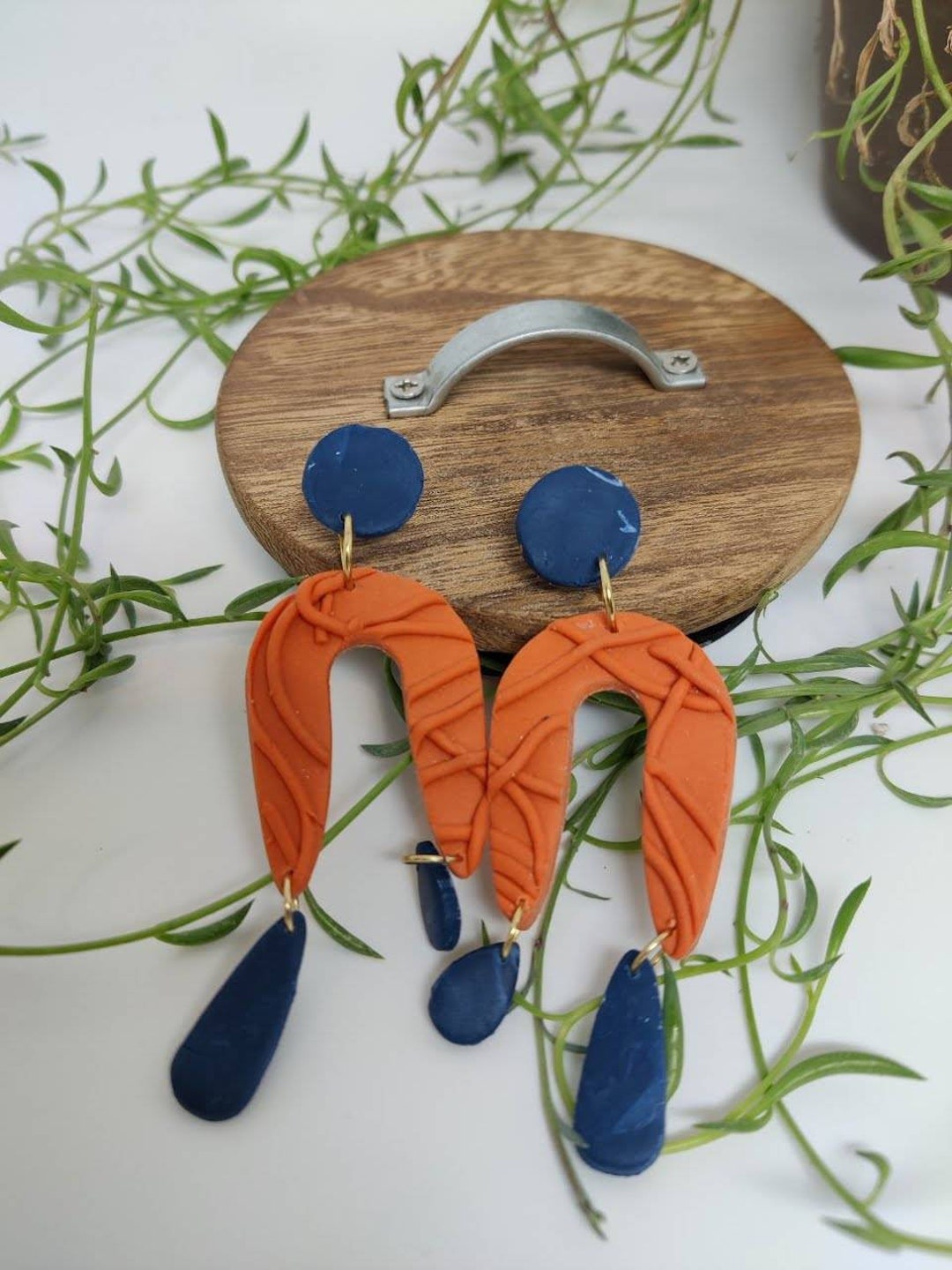 Artsy Fartsy Clay Earrings Orange and Navy Blue 