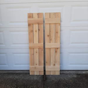 Wood Shutters Exterior 4 Unfinished Cedar Shutters with 3 Battens - up to 70&quot;L x 15&quot;W - Wood Shutters Exterior - Board and Batten Style