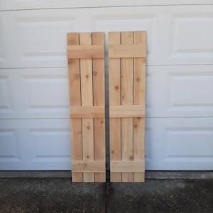 Wood Shutters Exterior 2 Unfinished Cedar Shutters with 3 Battens - up to 70&quot;L x 15&quot;W - Wood Shutters Exterior - Board and Batten Style