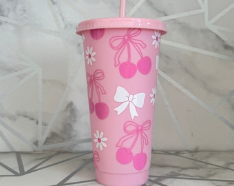 Coquette Cold Cup 24oz BPA Free Custom Cold Cup Drinks Cup Starbucks style Cup Bows Feminine Soft Girl Aesthetic Coquette Themed Trending