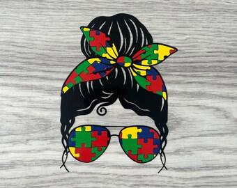 Messy Bun Mum Life / Puzzle Piece / Autism Awareness / Support  vinyl decal/sticker