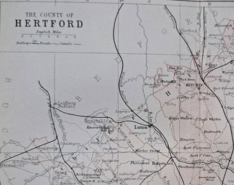 1877 Hertfordshire County Antique Map. English Map. Cartography. Original Victorian Map Print. Hertford, Hemel Hempstead, St Albans.