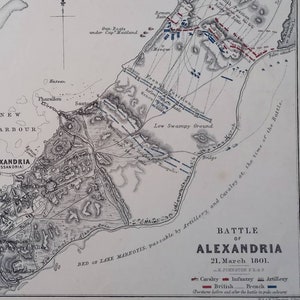 Schlacht von Alexandria Karte. 1855 Antike Original Karte (nicht modern). Zeigt britische & französische Kampfpositionen. Militärgeschichte Karte.