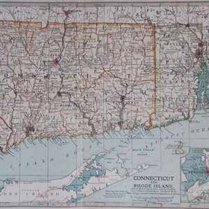Carte de 1903 du Rhode Island et de l’État du Connecticut. Nouvelle-Angleterre, États-Unis d’Amérique. Antique, Cartographie. 118 ans. Providence, Hartford.