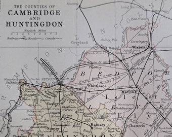 1877 Cambridgeshire & Huntingtonshire County Map. Antique English County map. Original Victorian Print. Cambridge, Huntingdon, St Ives, Ely.