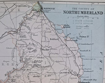 1873 Northumberland County Antique Map. Original English County Map Print. Victorian Cartography. Newcastle, Morpeth, Hexham & Haltwhistle.