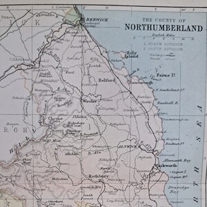 1873 Mapa antiguo del condado de Northumberland. Impresión original del mapa del condado inglés. Cartografía victoriana. Newcastle, Morpeth, Hexham y Haltwhistle.