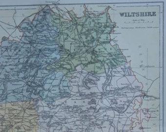 1895 Wiltshire County Map. England Map. Cartography. Antique Victorian Original. 126 years old. Trowbridge, Salisbury, Chippenham, Devizes.