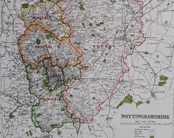 1922 Nottinghamshire County Map. Large Size Original. 101 years old. English county. Parliamentary constituencies. Nottingham, Mansfield.