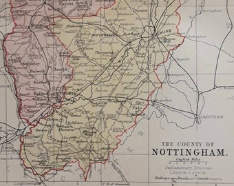1877 Nottinghamshire County Map | Antique Map England | English County | Cartography | Original Map | Geography | Victorian Print | Newark