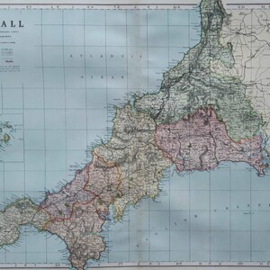 Carte ancienne des Cornouailles de 1897, carte originale de grande taille, cartographie, 128 ans, Penzance, Truro, Falmouth, St Austell.