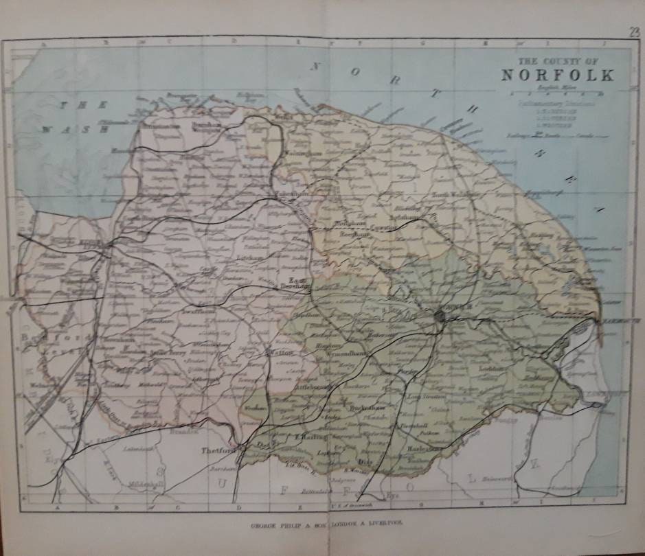 1874 Norfolk County Map Antique Map England English County Cartography Original Map Geography Victorian Print Norwich Norfolk Broads