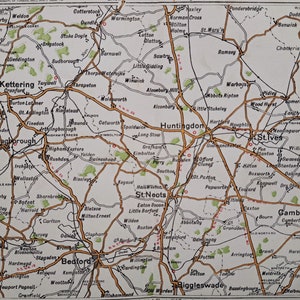 1908 antike Huntingdonshire & North Bedfordshire Straßenkarte. Original Karten Druck. St. Neots, St. Ives, Huntingdon, Bedford. Maße überprüfen.