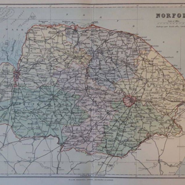 1895 Antique Norfolk Map, English County Map. Norfolk Broads. Cartography. Original Victorian Print. 128 years old. Norwich, Kings Lynn.