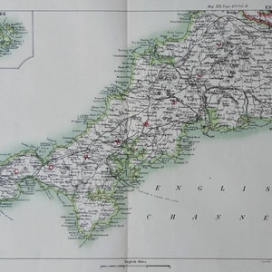 Carte ancienne des Cornouailles de 1896. Carte du comté d'Angleterre. Impression de carte originale de 129 ans. Truro, St Austell, Îles Scilly, Falmouth