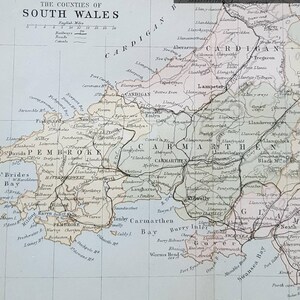 1876 南ウェールズ郡地図、アンティーク地図 ウェールズ、ウェールズ郡、地図作成、オリジナル地図、地理、ビクトリア朝の印刷物、カーディガン、ペンブローク