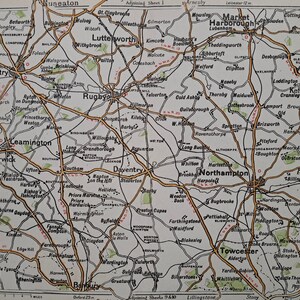 1908 Antike Straßenkarte von Northamptonshire und Warwickshire. Original Karten Druck. Northampton, Daventry, Rugby, Leamington Spa. Maße überprüfen.