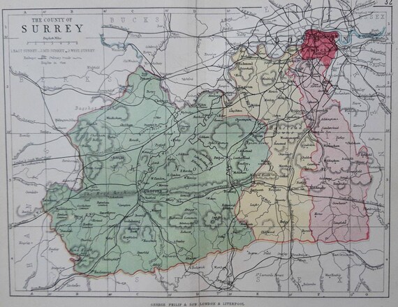 Map Of North Surrey 1877 Surrey Map Antique Map England English County | Etsy