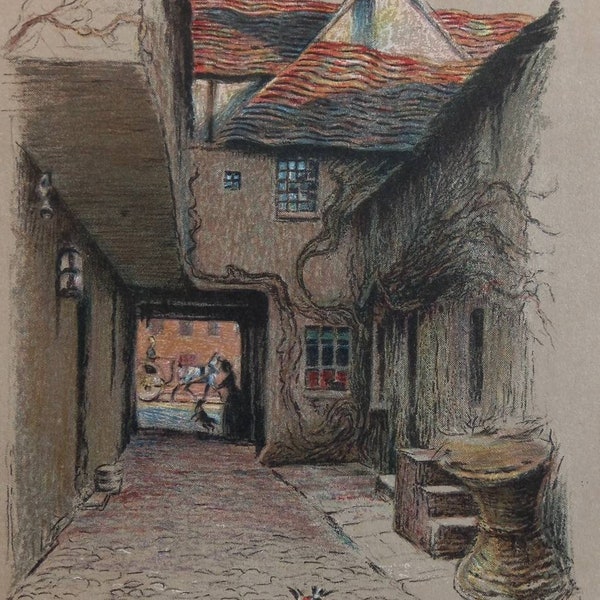 Print of the Kings Head, Malmesbury, Wiltshire. Cecil Aldin 1921 illustration. Wiltshire pub print. Historic building lithograph.