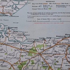 1908 Antike Nord Kent Küste Straßenkarte. Original edwardianischer Druck. Margate, Canterbury, Ramsgate, Faversham & Sheerness. Maße überprüfen.