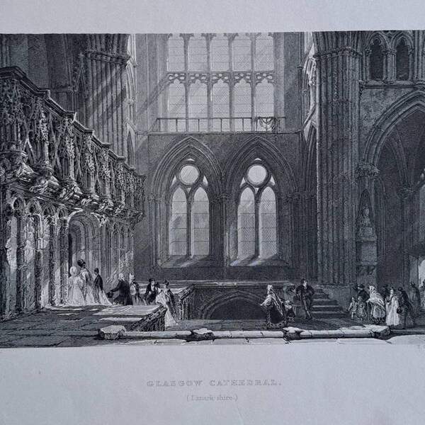 1838 print Glasgow Cathedral interior. Scotland. 185 years old steel engraved print. Artist Thomas Allom. Ecclesiastical lithograph.