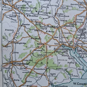 1908 Antike Hampshire/New Forest Straßenkarte. Original edwardianischer Druck. Southampton, Winchester und Portsmouth. Maße überprüfen.
