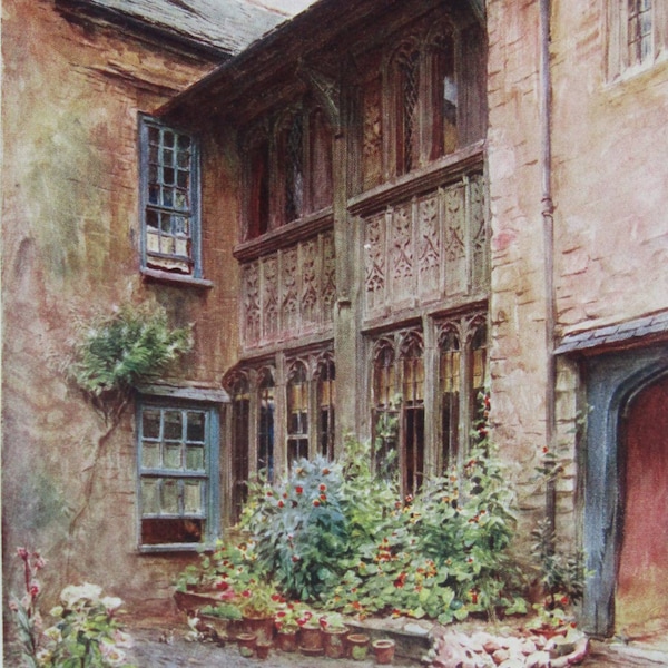 The Yard of the Luttrell Arms, Dunster, Somerset. 1906 antique print. Artist: Walter Tyndale RI. Thomas Hardy's Wessex Novels. Exmoor print.