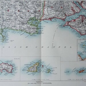 1896 Küste von Dorset, Isle of Wight, Kanalinseln, England, antike Landkarte. Original 129 Jahre alt, Jersey, Guernsey & Isle of Wight..
