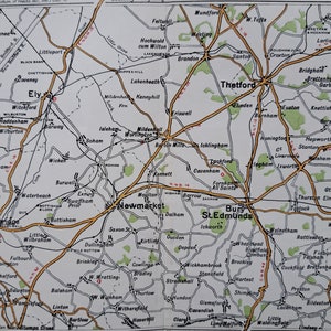 1908 Antike Straßenkarte von Cambridgeshire/Suffolk. Original Karten Druck. Maße überprüfen. Bury St Edmunds, Thetford, Ely, NewMarket & Cambridge.