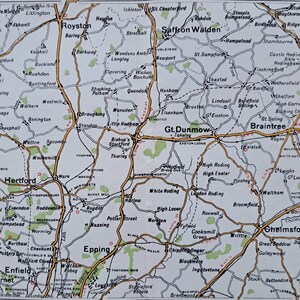 1908 Antike Hertfordshire/Essex Straßenkarte. Original Karten Druck. Maße überprüfen. Hertford, Chelmsford, Braintree, Saffron Walden.