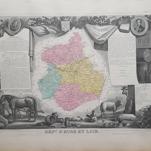 Département de l’Eure et Loir - Carte de 1861 - Levasseur - coloriée à la main - carte de France antique - Département 28 - Chartres, Dreux, Chateaudun